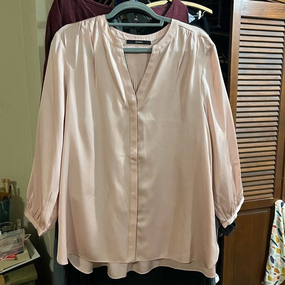 Quince Blush Pink Satin V-Neck Blouse